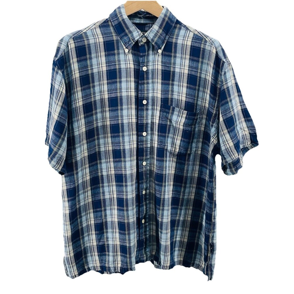 Nautica Mens Large Linen Blend Plaid Button Down Shirt Career Resort Excellent